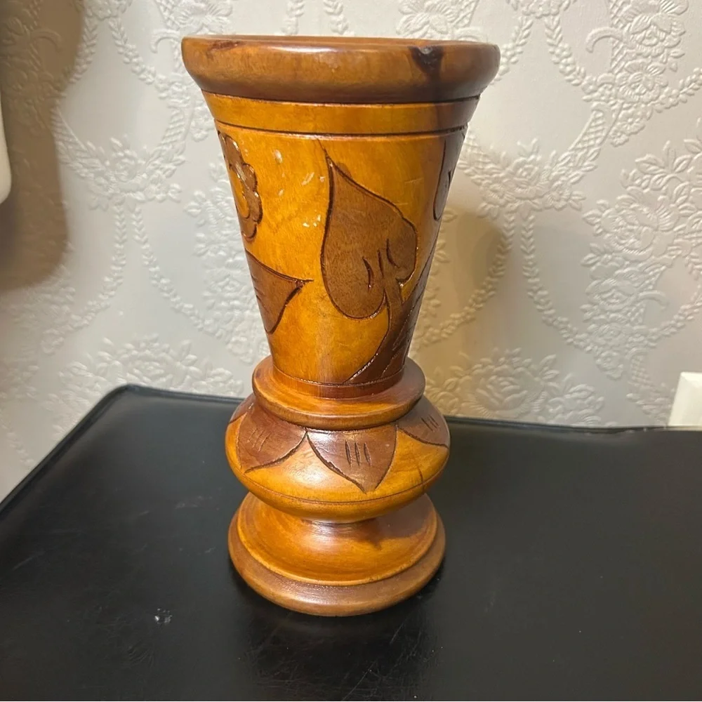 Handcrafted Wooden Vase Folk Art Wood Carved Floral Design 9” high 4.5” across - Picture 3 of 6